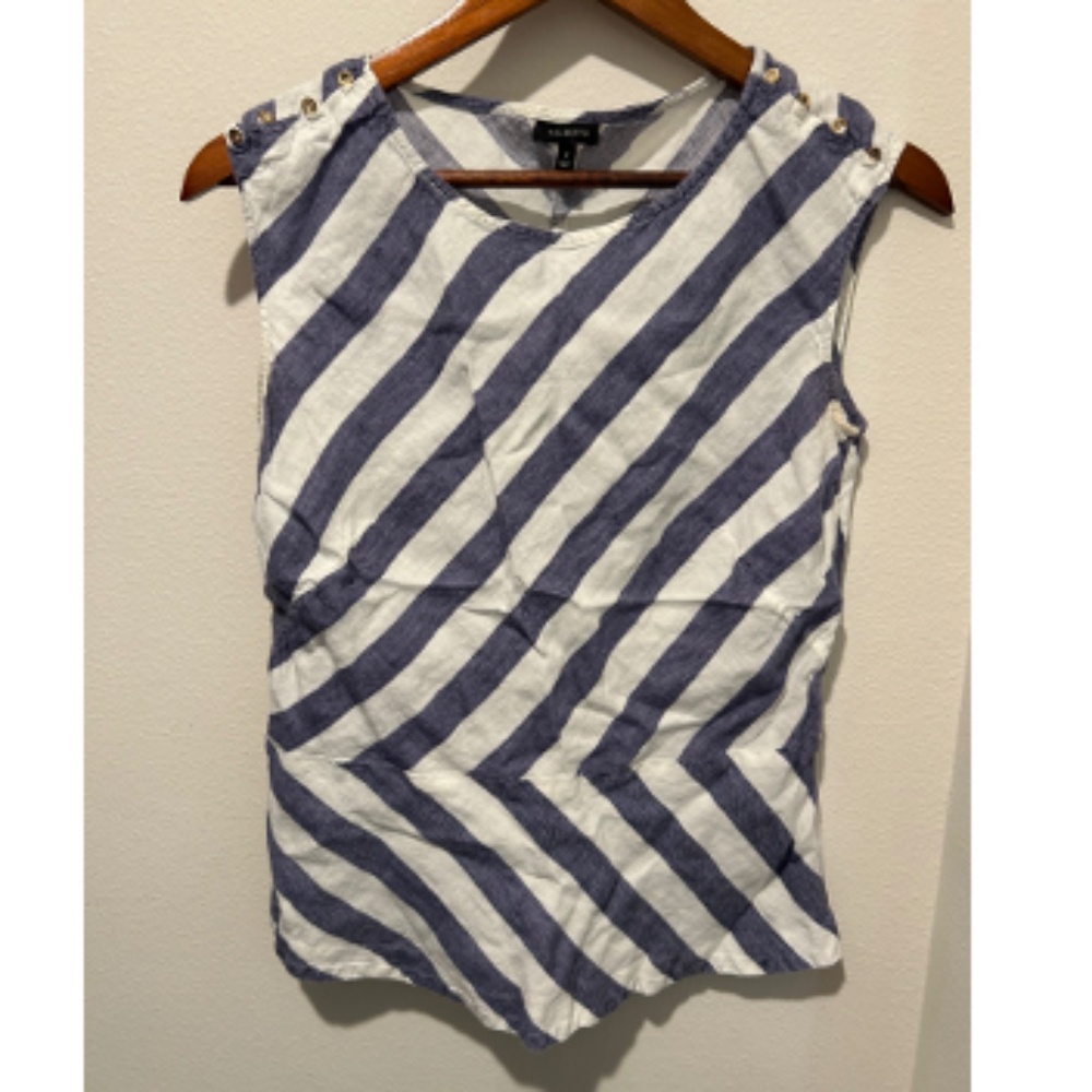 Talbots Linen Tank White Blue Tailored With Gold Buttons On Shoulders Size X
